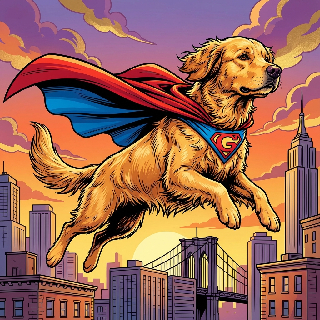 Dog portrait transformed into a superhero character with cape