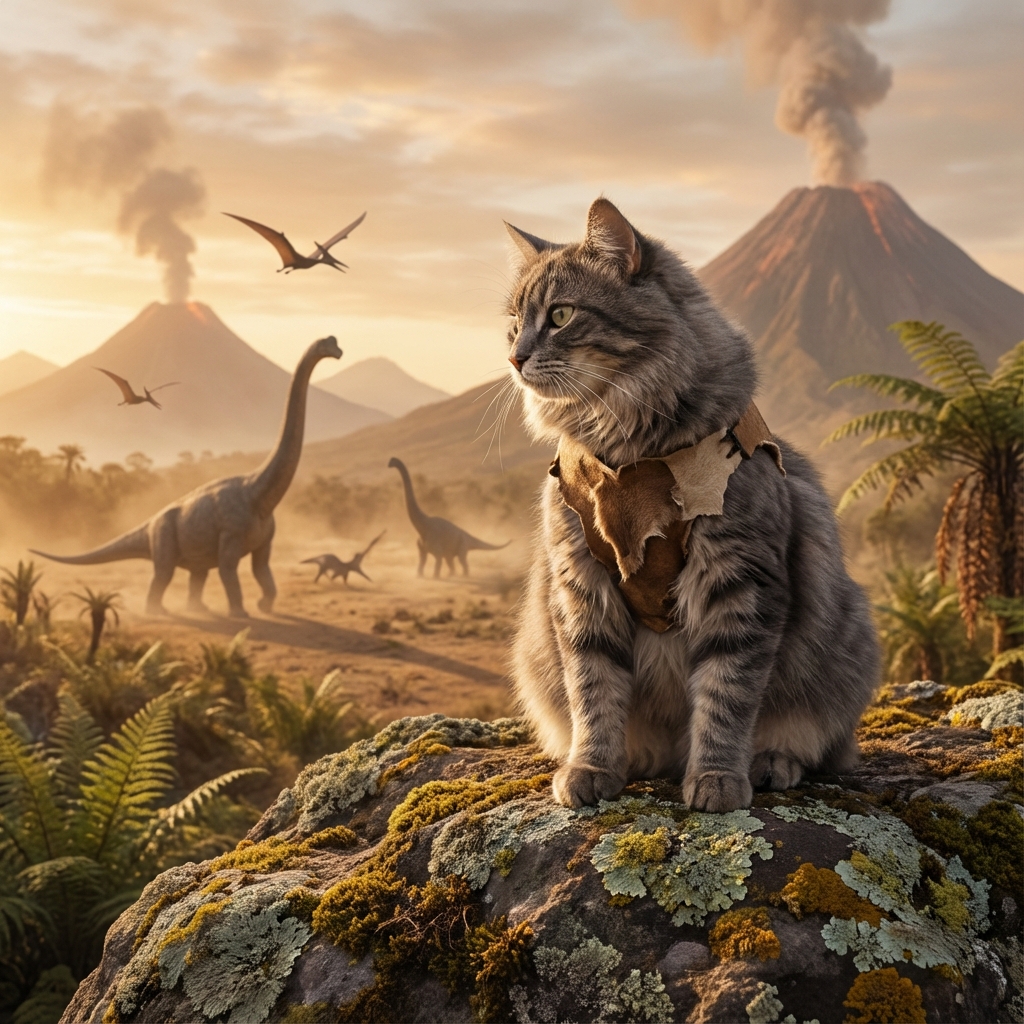 Dog in Stone Age setting with prehistoric background