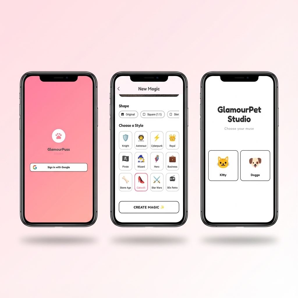 Step-by-step flow showing photo selection, style choice, and final AI pet portrait